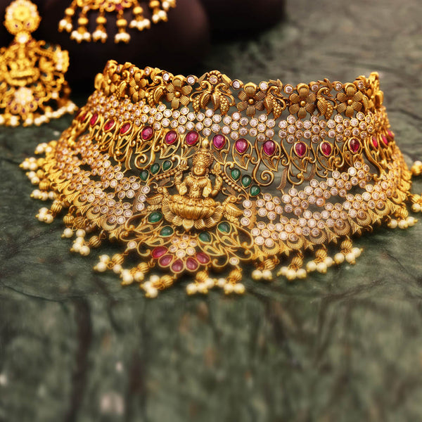 lakshmi and stonework Choker paired with jhumkas by Chandicharm