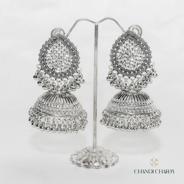 Drop Antique Nagina Jhumka - Silver