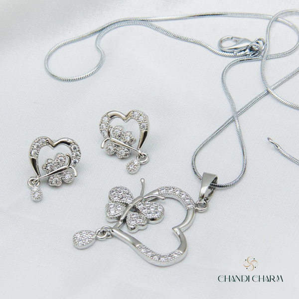 Butterfly Heart Locket Set - Silver