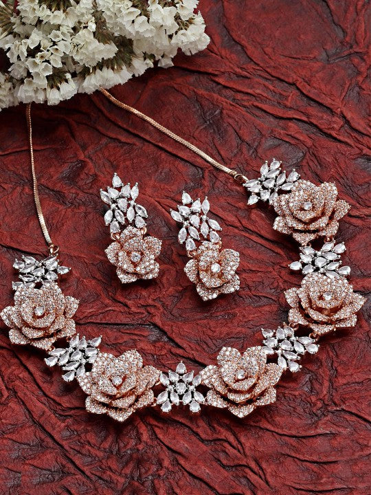 Rose Gold  Cubic Zirconia Studded Floral Jewellery Set